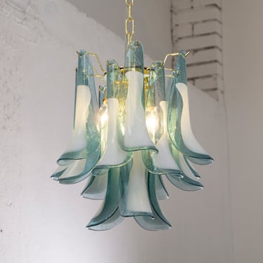 Large pendant lamps Petali Ø45 cm Made in Italy Murano glass teal blue, vintage style chandelier lighting 