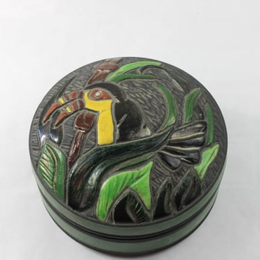 Vintage Art Studio Raku Pottery Box Tropical Toucan Handmade Signed MCM 