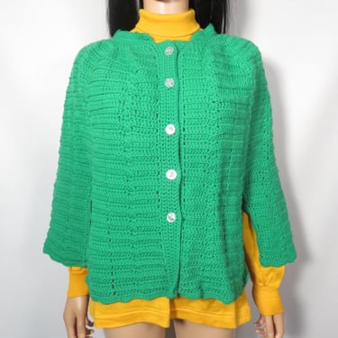 Vintage 70s Bright Green Acrylic Knit Short Poncho Size S/M 