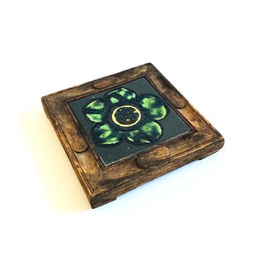 1970s Spanish Tile Trivet in Carved Wood Frame 