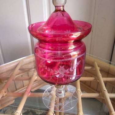 VINTAGE Ruby Flash Etched Glass Candy Dish// Pink Etched Glass Lid Candy or Nut Dish 