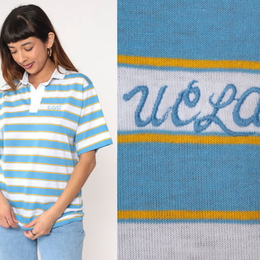 80s UCLA Polo Shirt University of California Los Angeles Striped Collared Shirt Button Up Bruins White Blue Gold Vintage 1980s Medium 