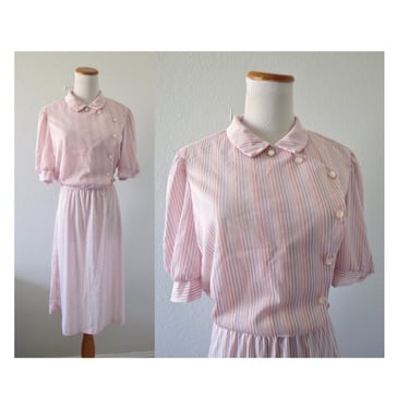 Pastel Rainbow Striped Dress 80s Shiny Pink Short Sleeved Midi Secretary Office Elastic Waist Size Medium M 