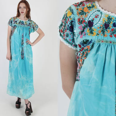 Teal Oaxacan Long Dress / Tie Dye Mexican Dress / Aqua Hand Embroidered San Antonio Dress / Little People Marbled Cotton Maxi Dress 