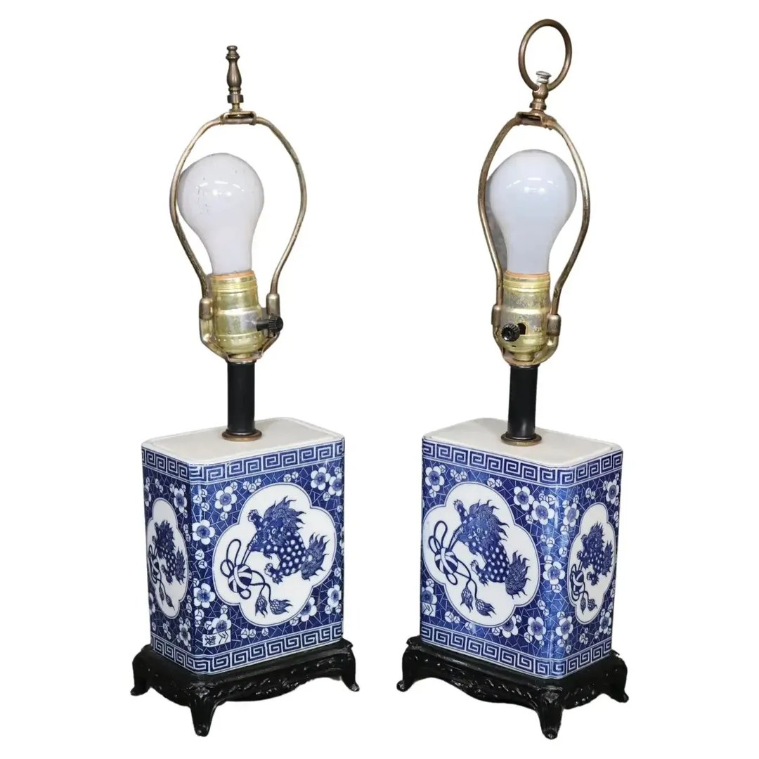Decorative chinese flying foo dogs carved wooden base table lamps