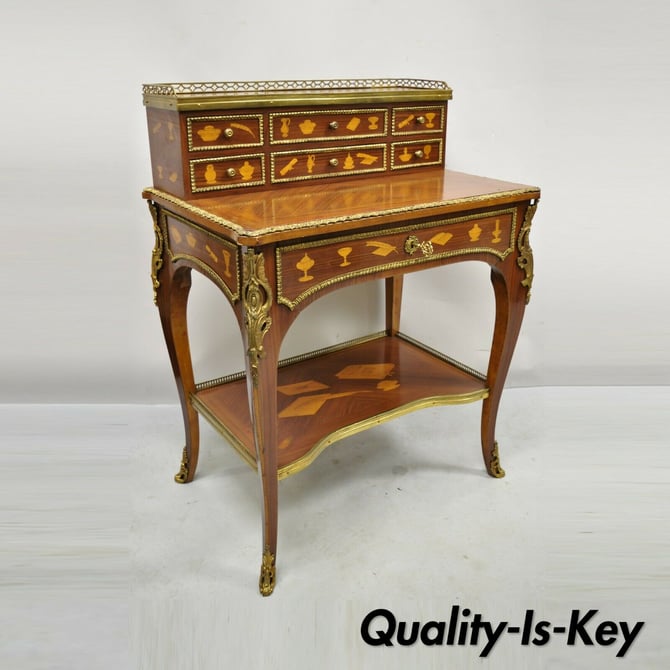 Vintage French Louis XV Style Marquetry Inlay Bronze Ormolu Small Writing Desk