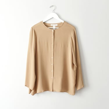 vintage beige silk shirt, 90s collarless blouse 