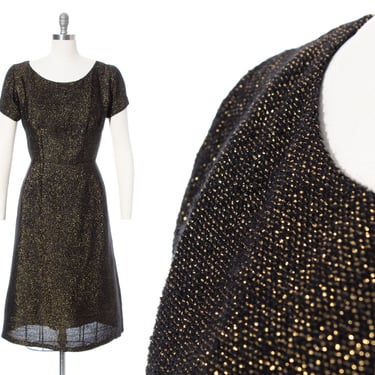 Vintage 1960s Party Dress | 60s Metallic Gold Lurex with Black Wiggle Sheath Sparkly Holiday Cocktail Dress (medium) 