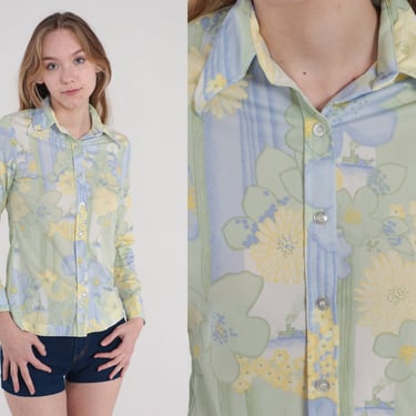 70s Blouse Floral Button Up Shirt Striped Steamboat Print Top Retro Statement Novelty Long Sleeve Green Blue Yellow Vintage 1970s Small S 