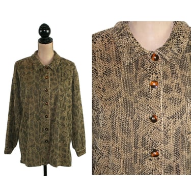 L-XL 90s Snake Print Corduroy Shirt Jacket, Oversized Button Up Long Sleeve, Casual Fall Winter 1990s Clothes, Women Vintage Clothing KIKO 