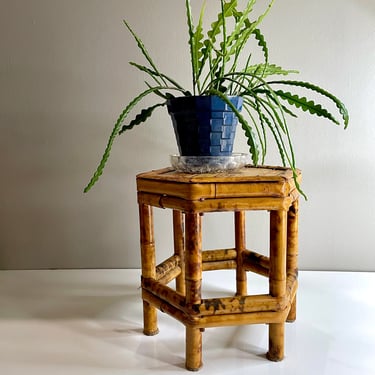 Vintage Tabletop, Bamboo Plant Stand, Small Display Table with Burnt or Tortoise Shell Finish - Hexagon Shape, Handmade, Indoor Garden, Boho 