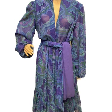 VICTOR COSTA Purple Print Dress, Vintage Designer Dress, Blue and Purple Sheer Dress, Vintage Sheer Deess with Belt, 60's Garden Dress 