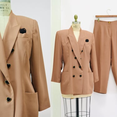 90s Vintage Brown Heart Jacket Blazer Suit with Heart Love Buttons Tan Blazer 80s 90s Glam Power Suit Medium Large Criscione 90s Suit 