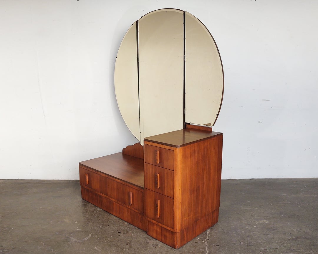 Vintage Art Deco Vanity with Large Round Mirror Iridium Interiors