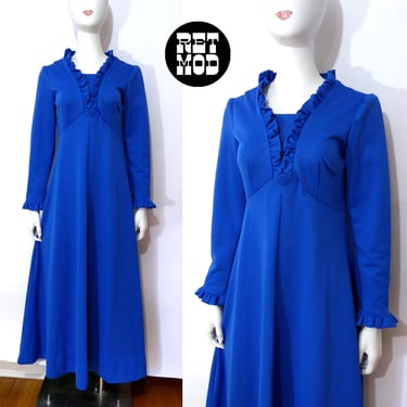 Festive Vintage 60s 70s Blue Long Sleeve Ruffle Polyester Maxi Dress 