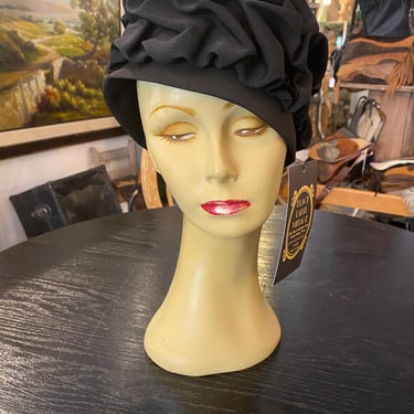 vintage 1960s turban style black ruffled hat, mod style, ruched crepe, mid century fashion, 60s millinery 