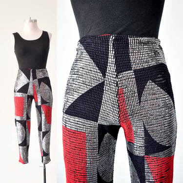 1980s Hunza Leggings / Vintage 1980s Gold Silver and Red Pants / 1980s Club Pants / 80s Geometric Leggings Small Medium 