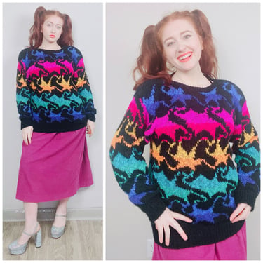 1980s Vintage Nilani Boucle Acrylic Relaxed Fit Sweater / 80s Neon Rainbow Starburst Knit Jumper / Tag Size Medium 