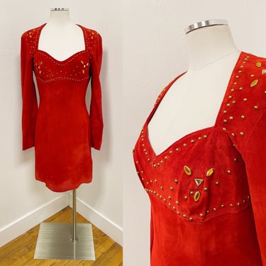 1980s Red Suede Leather Long Sleeve Mini Dress w Embellished Studs & Bedazzled Jewels by Firenze Santa Barbara Large | Vintage, Sexy, Rocker 