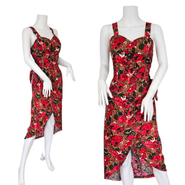 Beau Monde' 1980's Red Rayon Rose Print Floral Sarong Dress I Sz Med 
