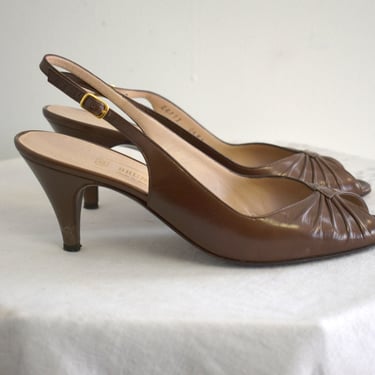 1970s Bruno Magli Brown Leather Slingbacks, Size 7.5 AAAA 