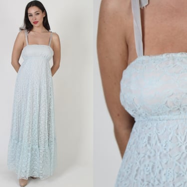 All Over Lace Shoulder Tie Wedding Dress, 70s Long Blue High Waist Bridal Maxi, Vintage Elegant Bridesmaids Ouftit 