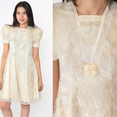80s Jessica McClintock Dress White Lace Mini Dress Yellow Puff Sleeve Fit and Flare Vintage Rosette 1980s 2xs xxs - Youth Size 