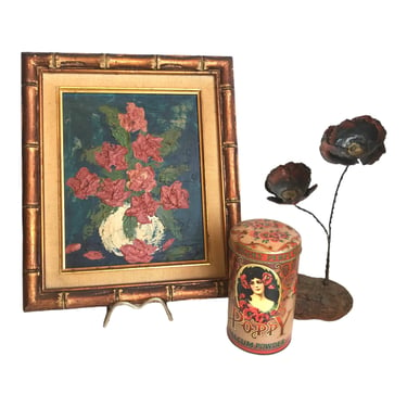 Vintage Original Impasto Poppies Still Life Painting | Faux Bamboo Frame | Botanical Floral Artwork | Gallery Wall Hanging 