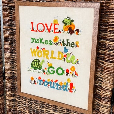 Love Makes The World Go Round Embroidery Wall Art, Groovy Mushrooms, Frogs, Flowers, Hand Stitched Crewel, Wood Frame, Vintage 70s Decor 