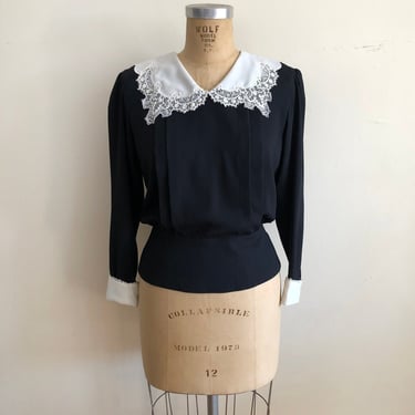 Black Crepe Blouse with Lace-Trimmed White Collar and Cuffs - 1980s 
