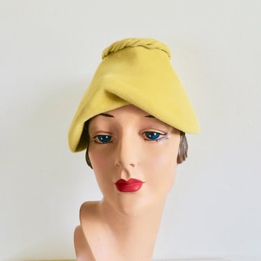 1940's Yellow Felt Cone Shape Hat with Hanging Ties Late 40's Early 50's millinery Rockabilly Unusual Unique Ranel Original 