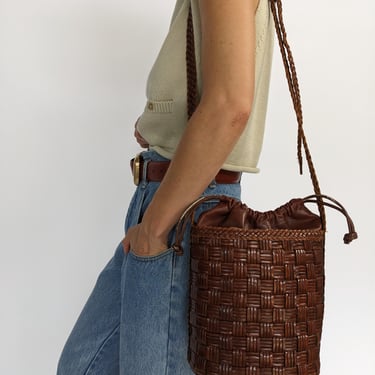 Stunning Vintage Woven Leather Bucket Bag