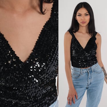 Black Sequin Top 90s Sparkly Tank Top Party Blouse Sleeveless Crop Top Deep V Neck Clubwear Going Out Glitter Vintage 1990s Medium Large 