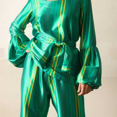 1970s Emerald Striped Satin Four Piece Suit 
