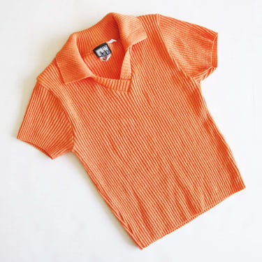 2000s Y2k Bright Orange Ribbed Knit Polo Shirt XS S - Cropped Ribbed Neon Aesthetic Collared Top - Bold Bright Raver Shirt 