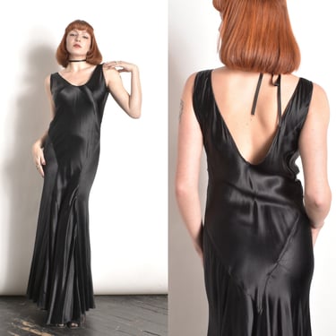 Vintage 1930s Dress / 30s Liquid Satin Bias Cut Gown / Black ( S M ) 