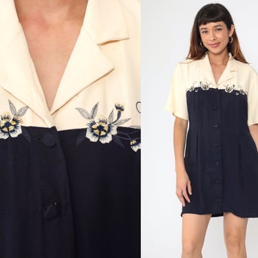 Floral Mini Dress 90s Navy Blue Embroidered Button Up Dress Sheath Grunge Casual Cream Day V Neck Short Sleeve Vintage 1990s Medium 10 