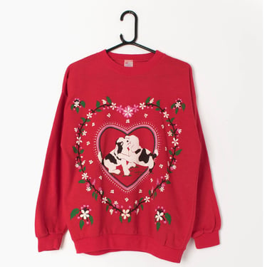 Vintage Dog lover sweatshirt, red love heart sweater with cute puppy - Medium 