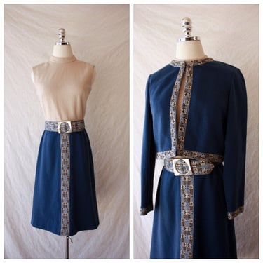 60s Mod Blue and Beige Knit Dress and Bolero Set with Jacquard Trim Size S 