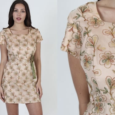 1950s Skin Tone Embroidered Floral Rockabilly Dress, Vintage Retro Needle Point Mini 