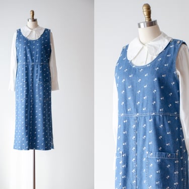cute cottagecore dress | 90s vintage embroidered floral loose oversized sleeveless jean denim overall pinafore dress 