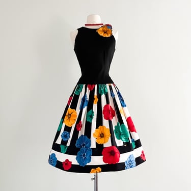 1980's AJ Bari Striped Poppy Print Party Dress / Sz S