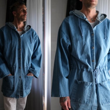 Vintage 90s Uniform Code Light Wash Hooded Military Style Denim Parka | 100% Denim | Streetwear, Hip Hop | 1990s Unisex Hooded Denim Jacket 