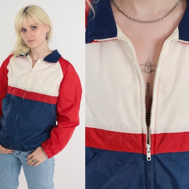 80s Windbreaker Red White Blue Color Block Zip Up Jacket Striped Bomber Warmup Track Jacket Retro Athleisure Sportswear Vintage 1980s Large 