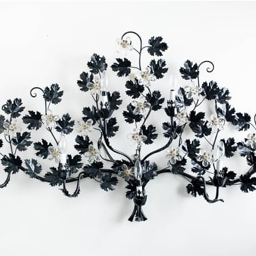 Vintage Large Spanish Style Metal Wall Electric Lamp/Sconce in the Shape of Branches with Glass Flowers in Venetian Matt Black - 1970s 