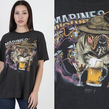 Vintage 80s 3D Emblem Marines T Shirt Size Large, Just Brass US Military Bull Dog Tee, Mens Womens Single Stitch Shirt 