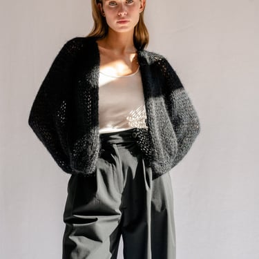 Airy Mohair Bomber — Hand Knit Cardigan, Raglan Balloon Sleeves,  Loose Knit Soft Mohair, Black Luxurious Lightweight Open Front Cardigan 