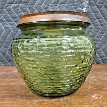 Vintage National Potteries Co Green Glass Humidor W/ Wooden Lid - Beehive Design 
