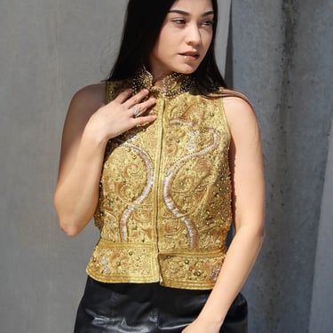 Embroidered Vest, Vintage 1980s Naeem Khan Gold Silk Top, Embroidered, Beaded, Sequined, 6 Women 
