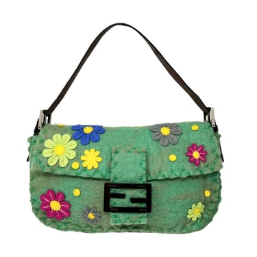 Fendi Green Felt Flower Baguette Bag